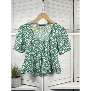 Abercrombie & Fitch Women Blouse XS Green Floral Peasant Button Scoop